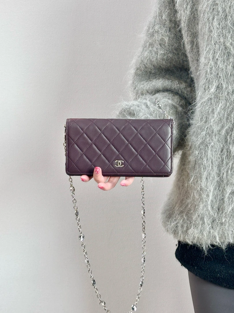 95新 Chanel/香奈儿 chanel 暗夜紫菱格纹对折钱包
