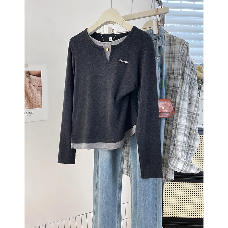 假两件圆领双面绒内搭冬季新款加厚保暖宽松显瘦慵懒风打底衫女装