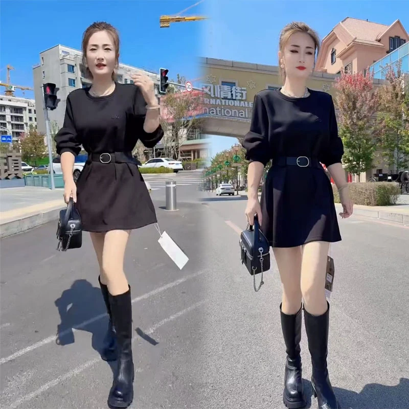 时尚新款收腰长袖高档洋气欧货连衣裙2025衣裙显瘦正肩宽松百搭女