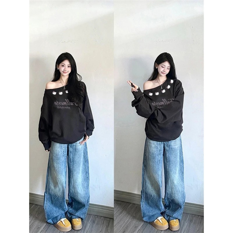 【AORSKK】斜领露肩百搭卫衣女秋季新款黑色通勤欧美风可爱印花宽松