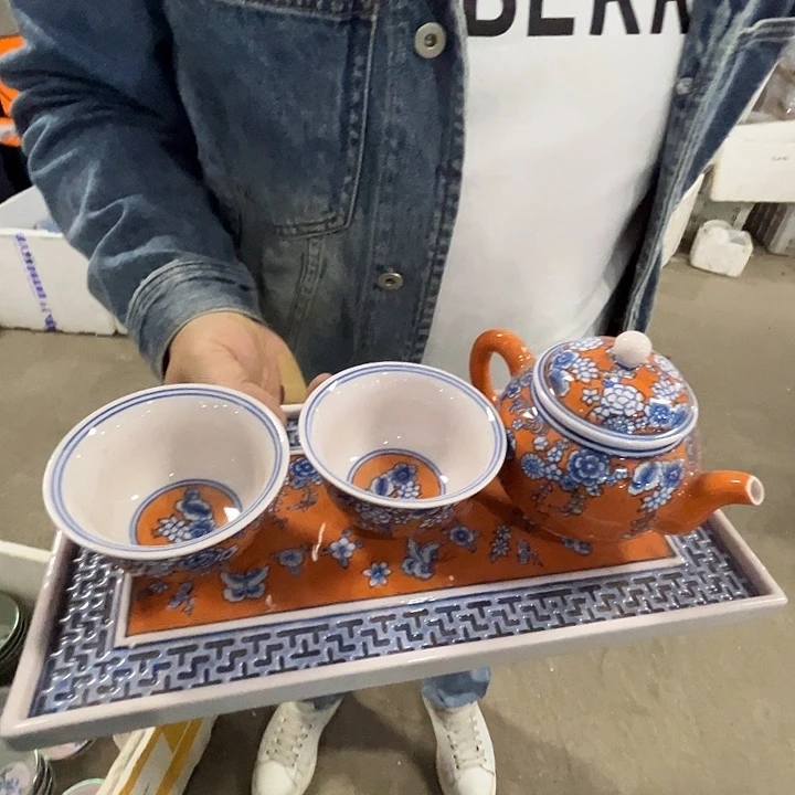 瓷片景德镇陶瓷红嘻嘻橙百花一套