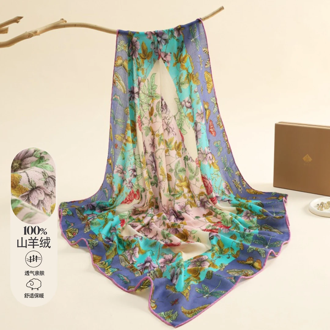 奢凌羊【绒缎花漾】100%山羊绒薄款夏季女法式亲肤保暖围巾旅游披肩