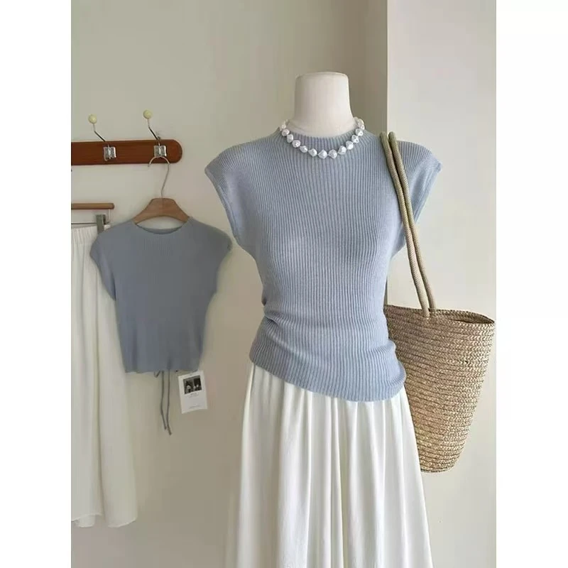 【蓝雾】夏季气质显瘦简约百搭小众螺纹后背镂空抽绳上衣x