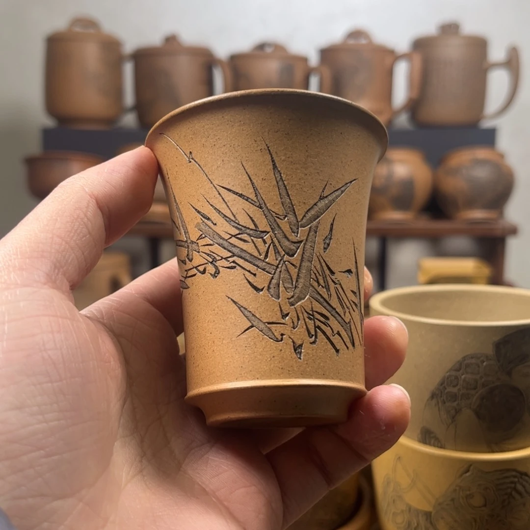 紫砂杯子德***中竹叶刻绘紫砂主人杯