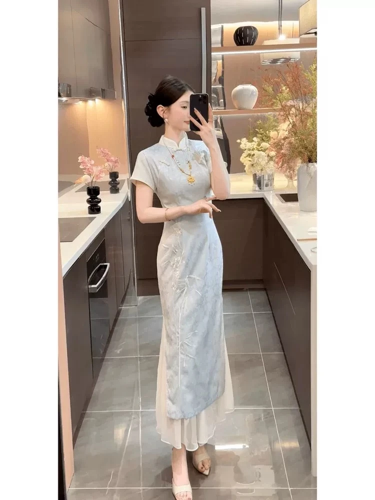码加加51231胖M清冷旗袍绝美新中式春夏改良日常浅色连衣裙