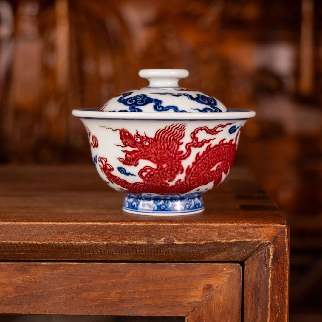 【永明尚玩】明红龙压手盖碗釉里红纯手工青花瓷景德镇陶瓷