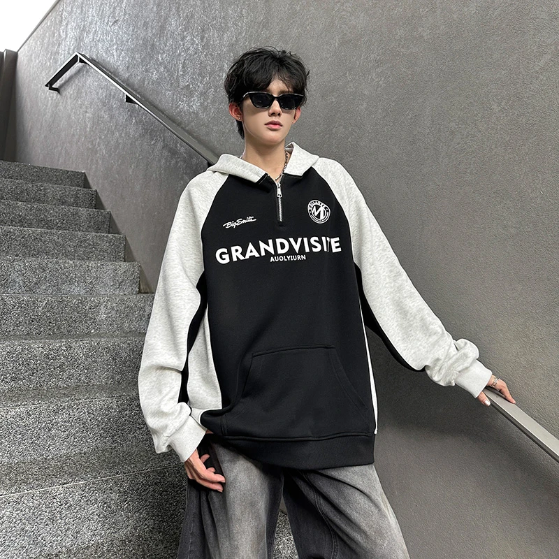 美式痞帅机车插肩袖重磅卫衣男士春秋款高街连帽宽松套头上衣外套