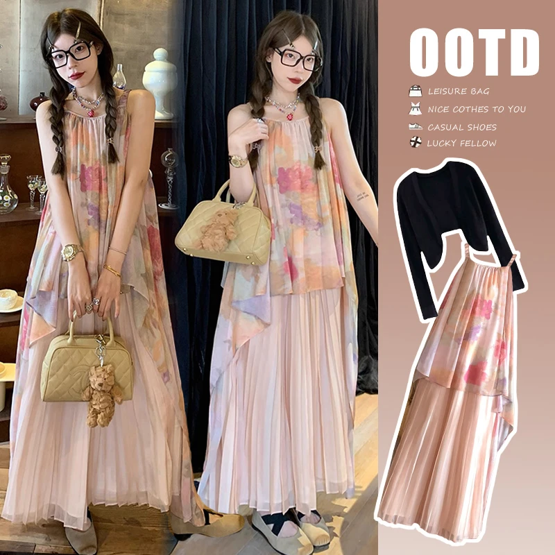 孕妇连衣裙春夏新款时尚韩版气质防晒开衫显瘦油画拼接百褶吊带裙