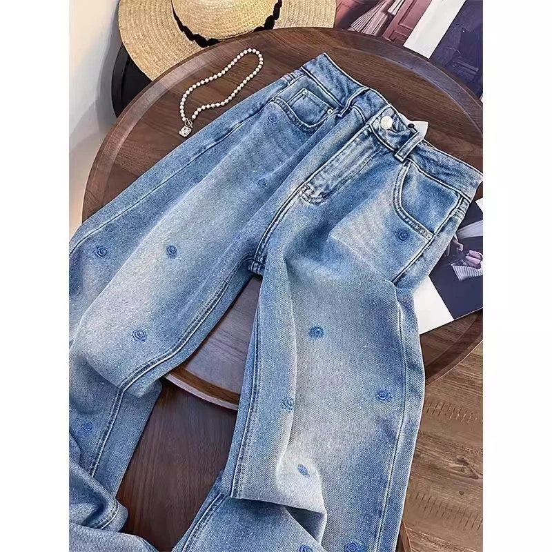 微胖mm美式蓝色烫钻刺绣牛仔裤女夏季新款休闲梨形身材显瘦阔腿裤