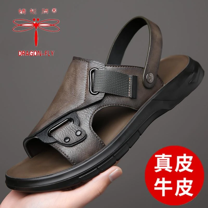 红蜻蜓金典真皮凉鞋男软底外穿沙滩鞋男2025夏季新款休闲两用凉拖