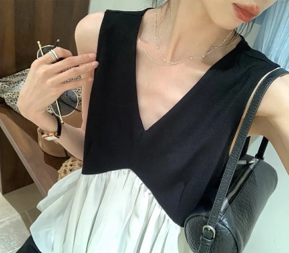 【清货套装-6980】拼色无袖上衣+半身裙2件套夏2025新款温柔气质款