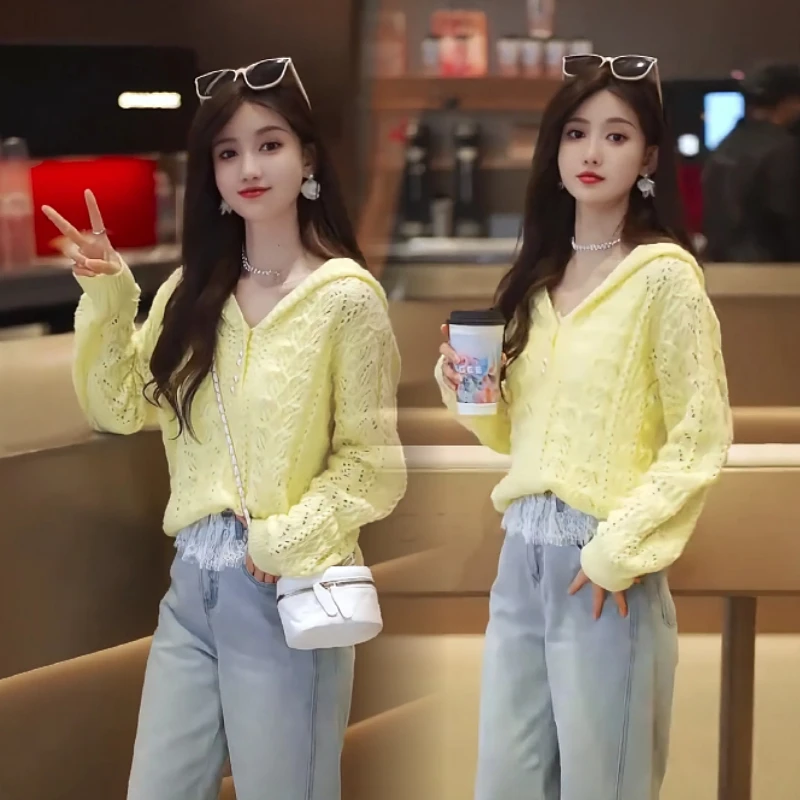 毛衣女春季法式新款钩花镂空V领针织衫女设计感时尚高级洋气上衣