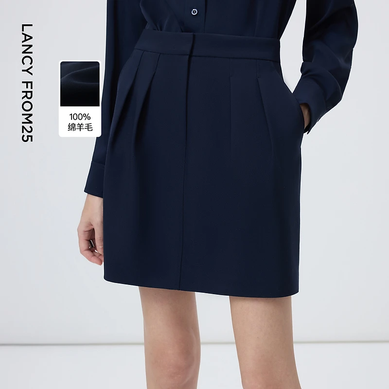 朗姿纯羊毛压褶设计感花苞裙优雅简约气质干练短裙2026年春季新款