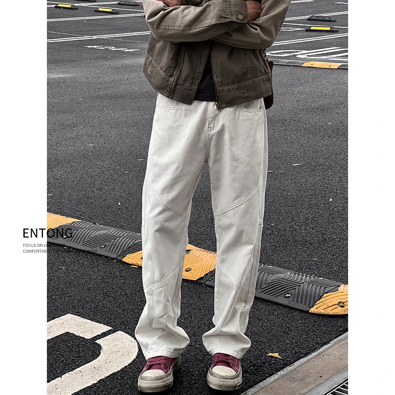 Entong小众设计感拼接直筒牛仔裤男美式复古cleanfit宽松百搭长裤