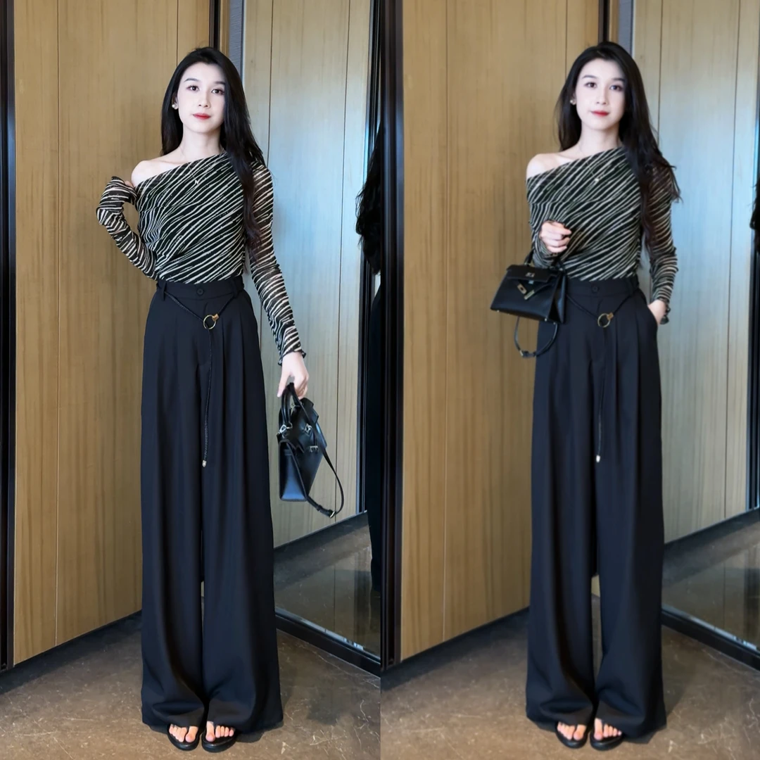 设计感斑马纹长袖T恤女秋季新款打底衫上衣+西装裤子显瘦阔腿套装