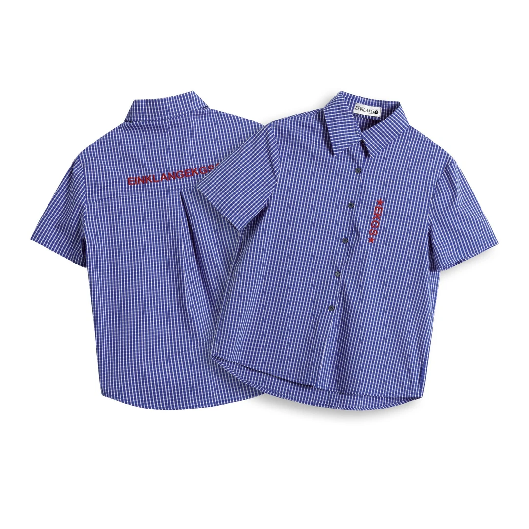 WILDPINE美式复古正肩短款蓝格短袖衬衫女夏季街头辣妹休闲上衣