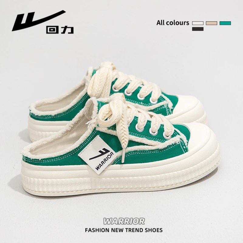 回力半拖帆布鞋女2025春季新款包头一脚蹬懒人鞋子外穿厚底板鞋女