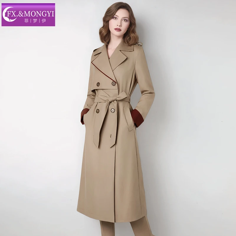 菲梦伊卡其色西装领风衣外套女秋季英伦风高级中长款大衣FXQW1702