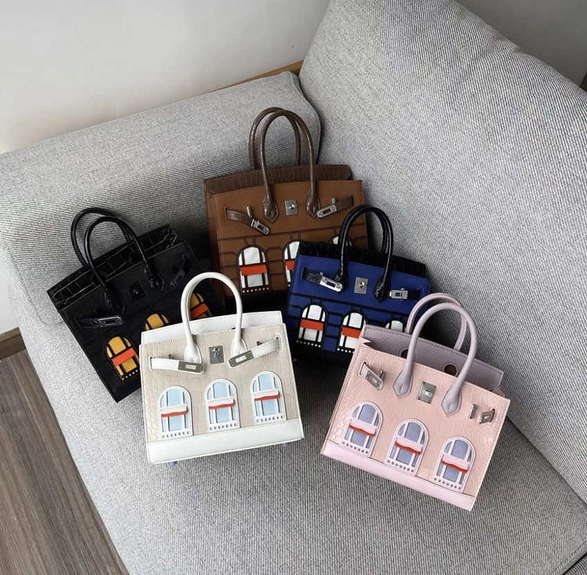 2025新款拼色小房子包牛皮铂金包鳄鱼纹真皮手提凯莉包单肩斜挎包