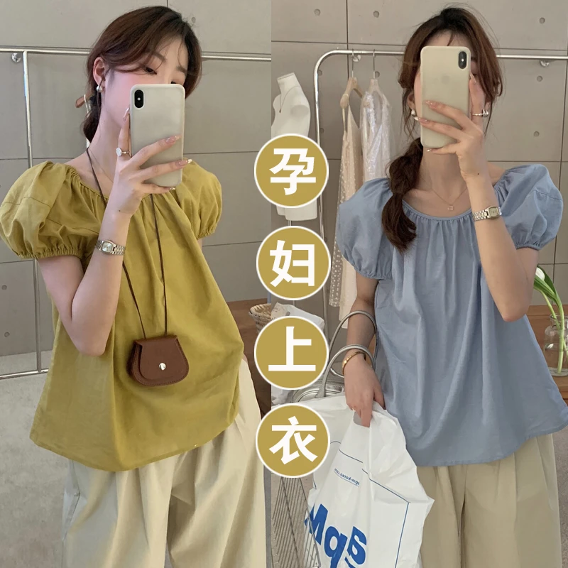 夏季新款孕妇装韩系简约泡泡袖宽松衬衣休闲圆领娃娃衫短袖上衣