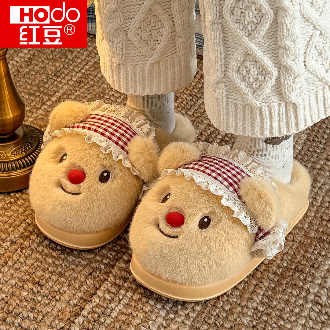 红豆维尼小熊棉拖鞋女款2025新款秋冬季家居室内防滑毛毛绒棉拖女