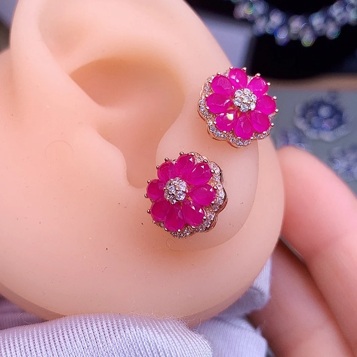 银S925镶嵌耳饰红宝石