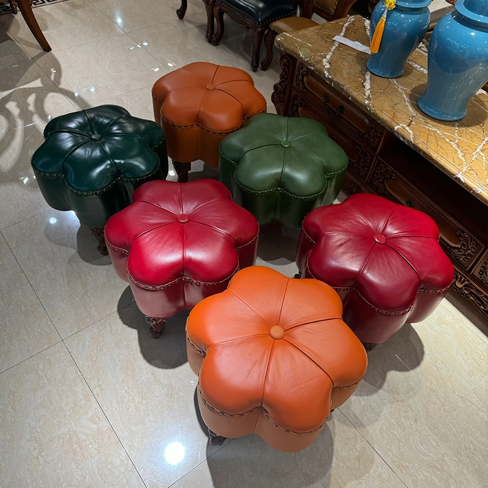 YM825真皮花瓣凳49*49*40cm 美式客厅茶几凳皮凳妆凳（驿站自提）