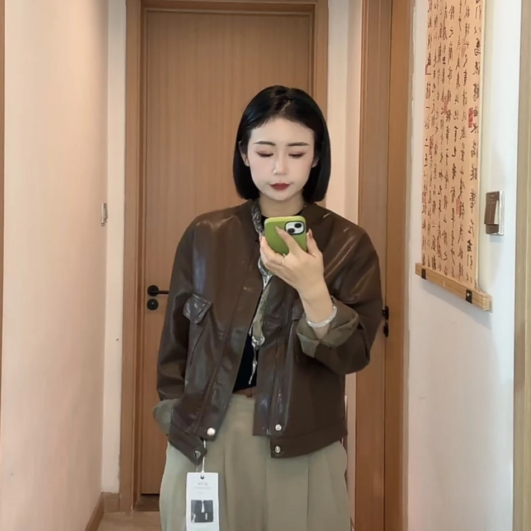 欧货设计感小众短款皮衣女2024春秋新款工装立领PU显瘦机车