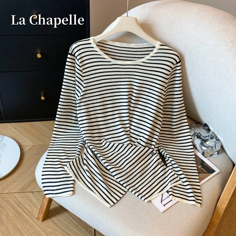 拉夏贝尔秋季新款不规则收腰显瘦百搭上衣时尚条纹正肩长袖针织衫