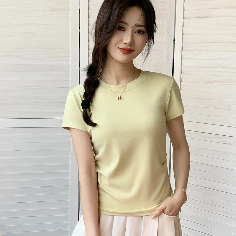 正肩收腰圆领短袖小个子t恤女修身显瘦设计感上衣-A077