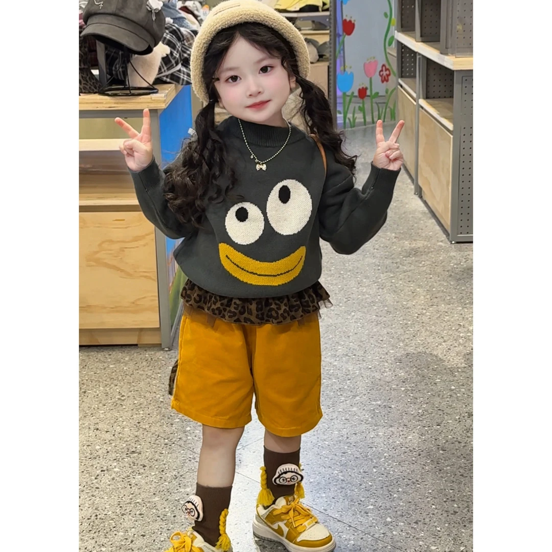 儿童毛衣套装2025新款秋季宝宝卡通插画针织衫男女童灯芯绒五分裤