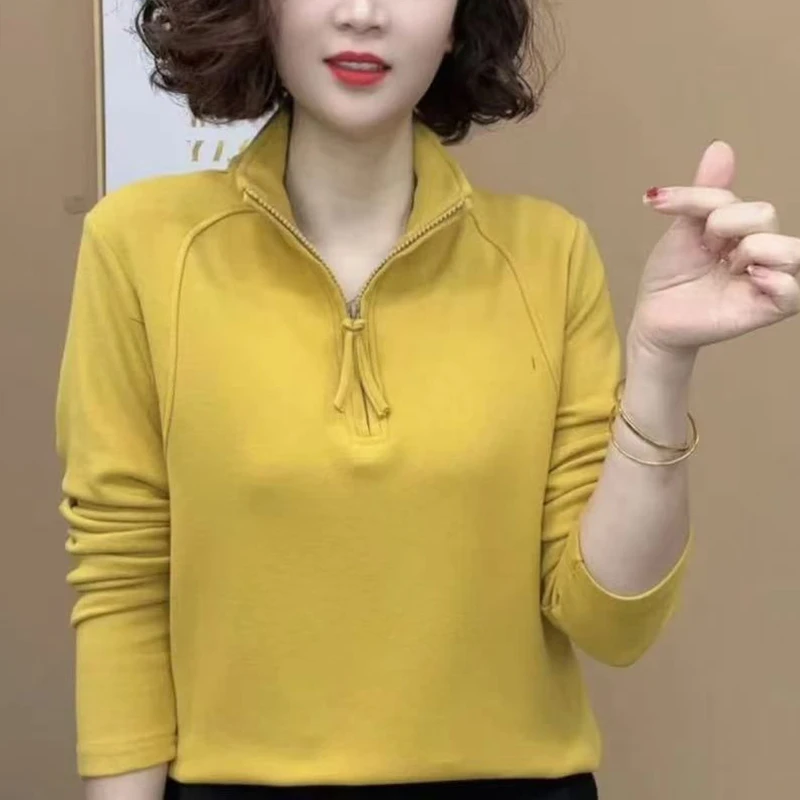 双面绒打底衫女士秋冬纯色修身内搭上衣保暖半拉链领长袖休闲T恤