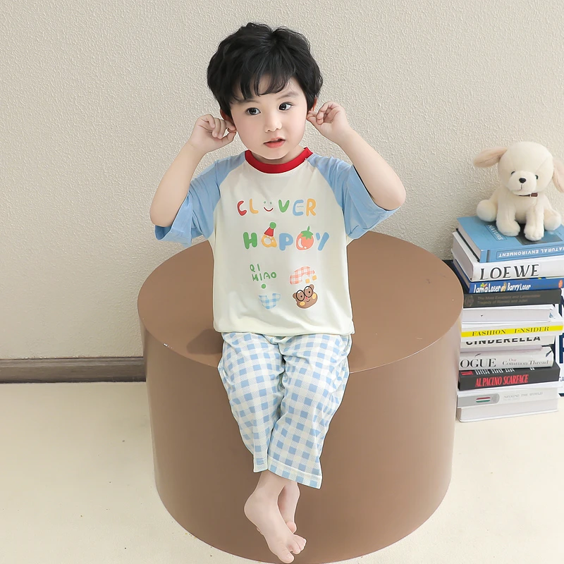 男童夏季薄款长裤空调服睡衣套装男孩高腰护肚家居服宝宝短袖夏款
