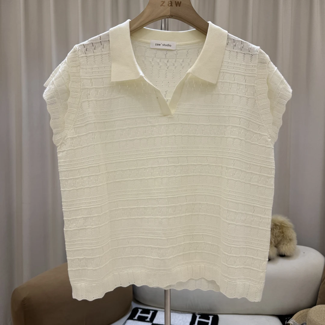 zaw夏季薄款镂空针织衫POLO领短袖女大码胖mm上衣显瘦遮肚子25207