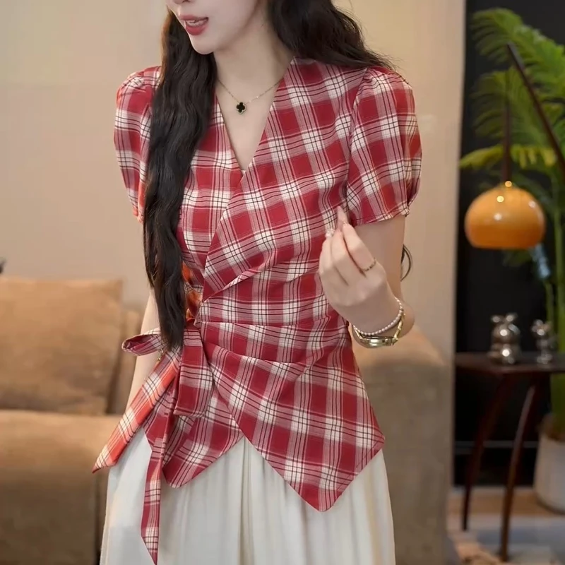 【雾蓝海岸】2025夏季复古小众设计感时尚百搭格子衬衫LK2503620