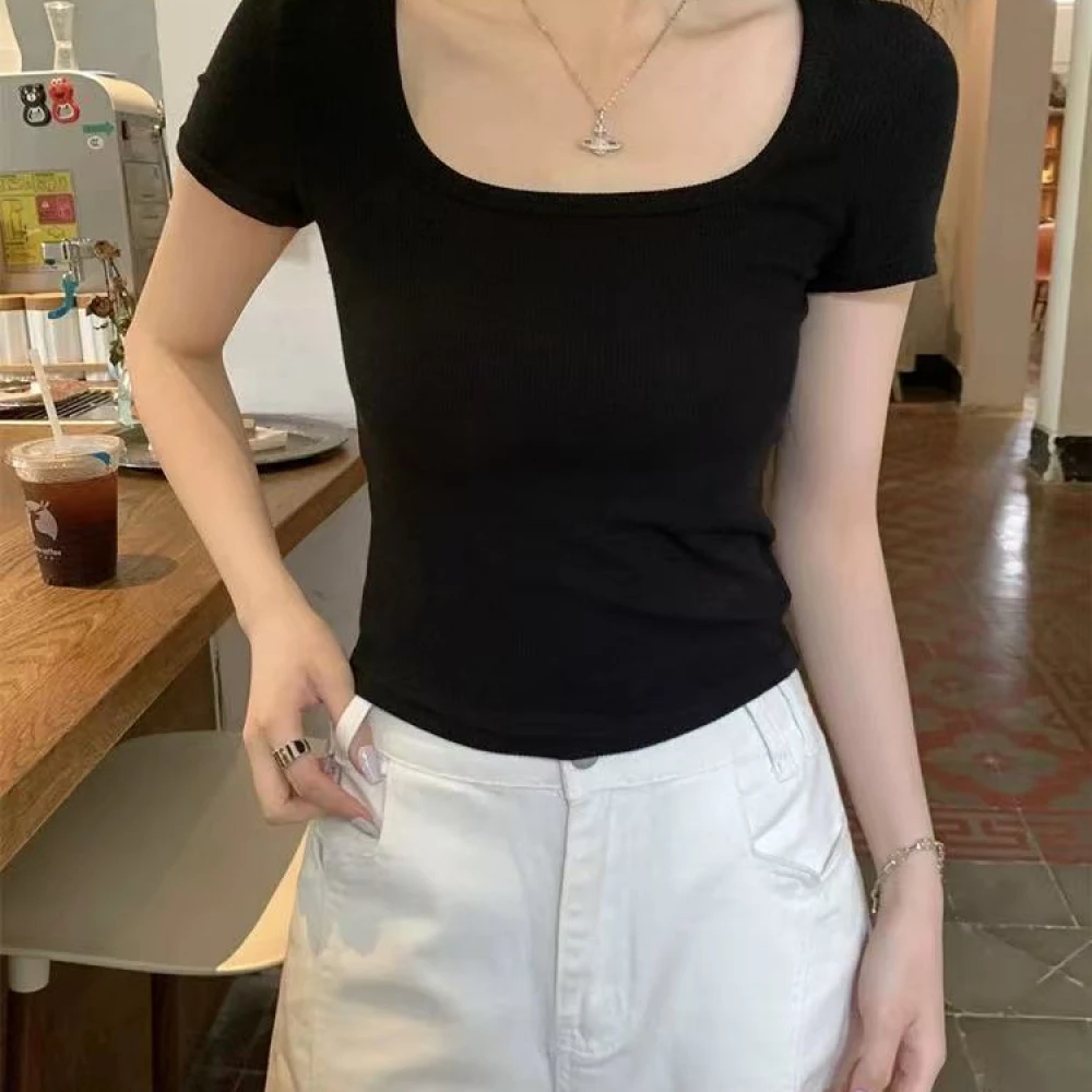 5513#方领纯欲风小众 夏季显瘦纯色短袖T 长50