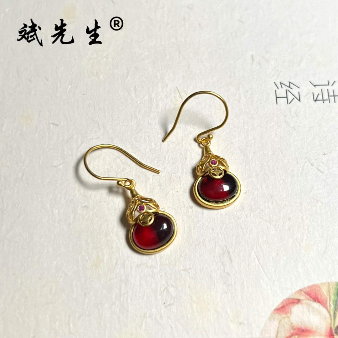 【斌先生】天然血珀 925银福纹葫芦耳环