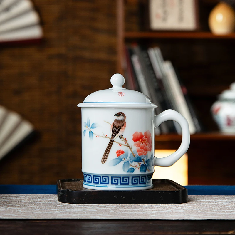 千红窑釉下五彩手绘图案花鸟马克杯带盖办公杯家用喝茶水杯陶瓷杯