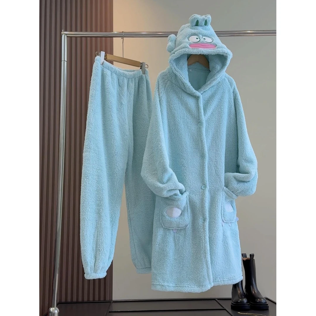 睡衣女秋冬季珊瑚绒加绒加厚搞怪可爱睡袍长款卡通家居服加裤子
