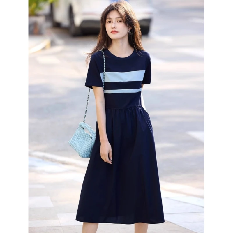 航海系撞色条纹连衣裙短袖2025夏季新款休闲圆领收腰显瘦长裙