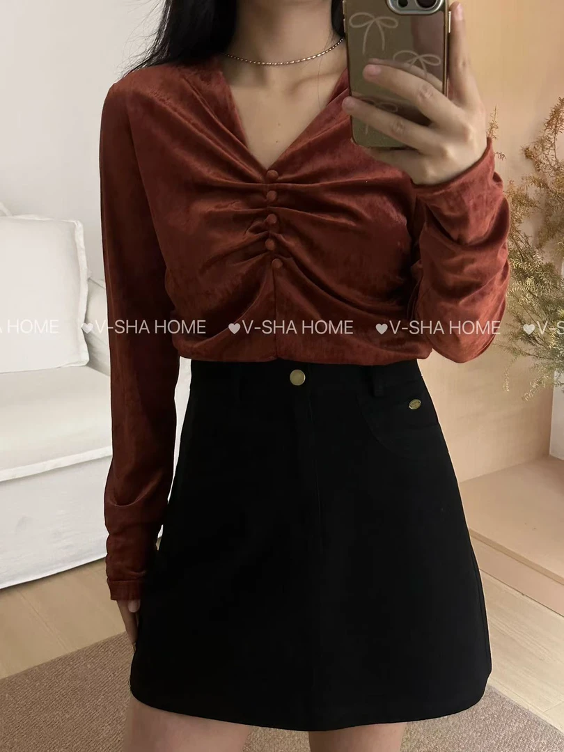 薇莎50122【现货】V领性感丝绒长袖T恤
