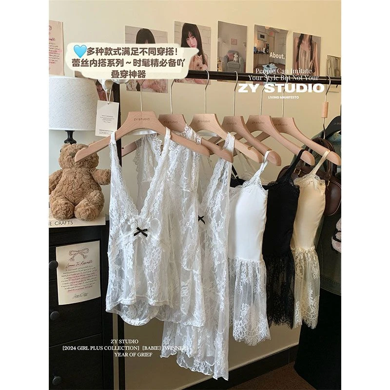 纯欲甜辣风挂脖蕾丝内搭吊带背心女早秋季叠穿百搭修身打底连衣裙