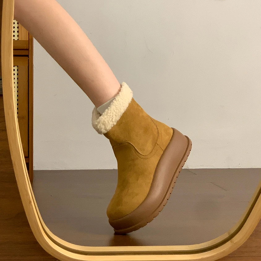 圆头复古厚底雪地靴女2025冬季新款增高加绒加厚保暖棉靴勃肯短靴