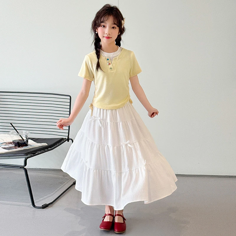 女童夏季短袖T恤时尚抽绳百搭假两件2025新款女中大童 甜美蛋糕裙