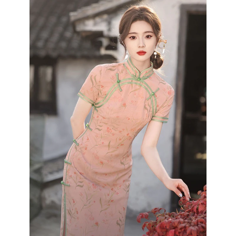 UNMUN新式旗袍改良版年新款少女夏年轻款高端气质粉色长款古法女