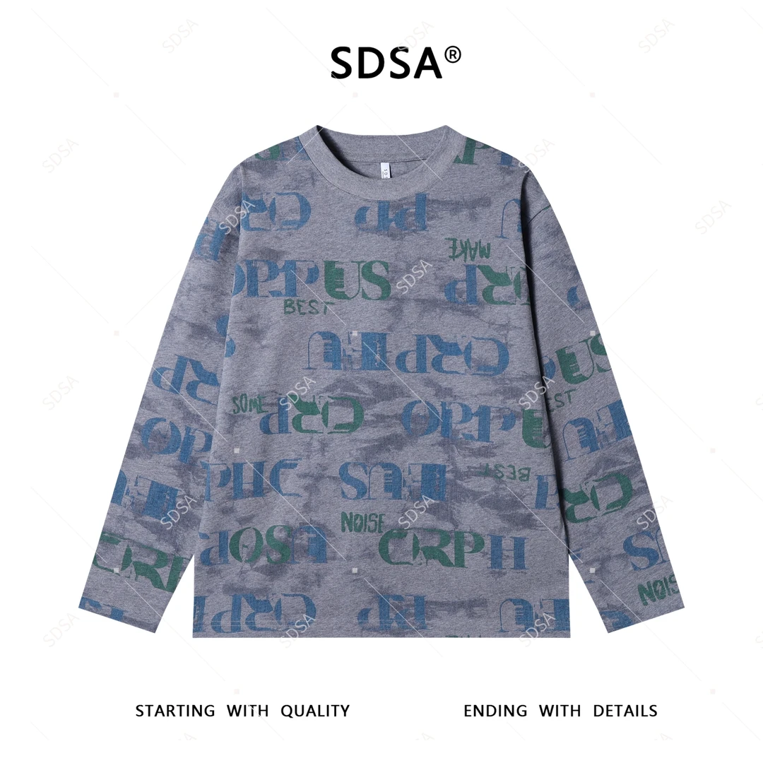 SDSA男士2025新款轻奢痞帅男装美式扎染满印字母圆领长袖T恤百搭