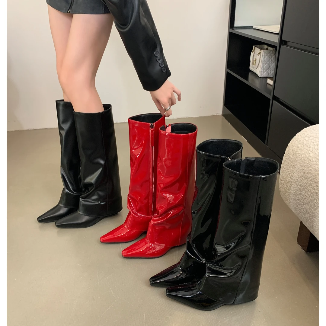 坡跟裤筒靴高跟靴子长靴女欧美辣妹高筒靴尖头黑色漆皮裤管靴炸街