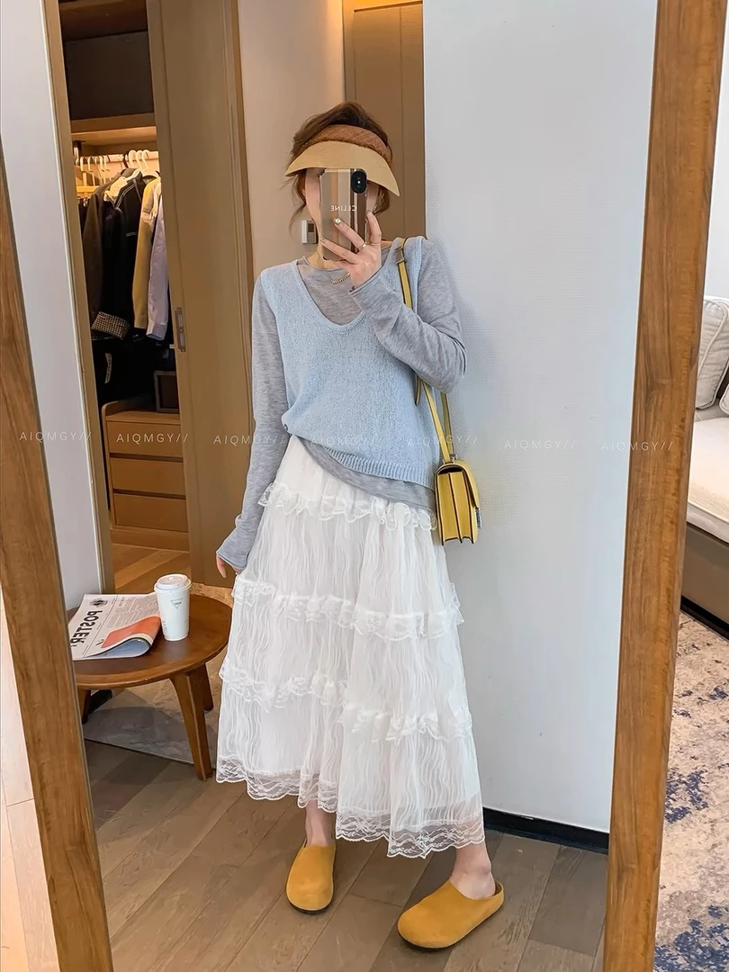 白色蕾丝半身裙不透2025新款春秋女显瘦a字长裙子垂感花边蛋糕裙