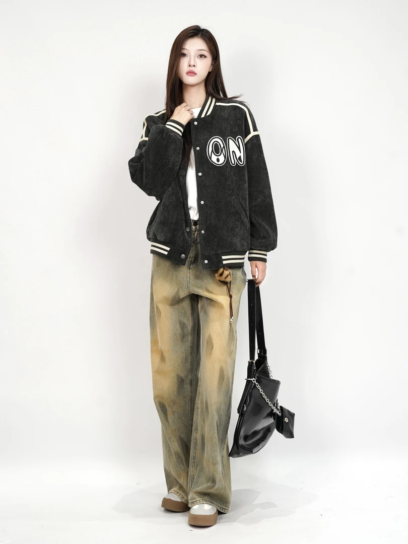【NEW】休闲百搭中版长袖T恤+复古恤棒球服外套+牛仔阔腿裤三件套装
