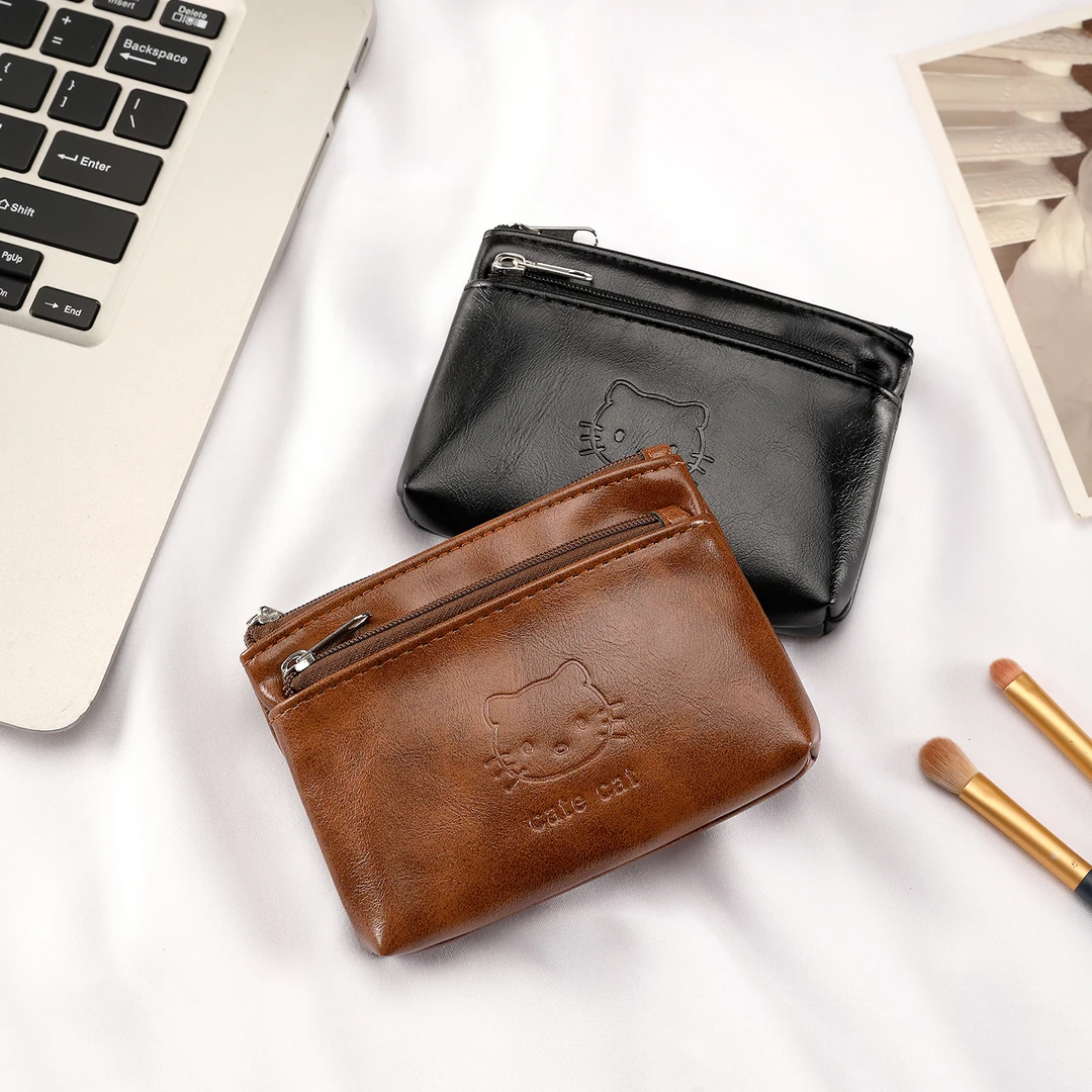 复古软皮零钱包简约硬币包小众Kitty双层拉链小钱包便携证件卡包